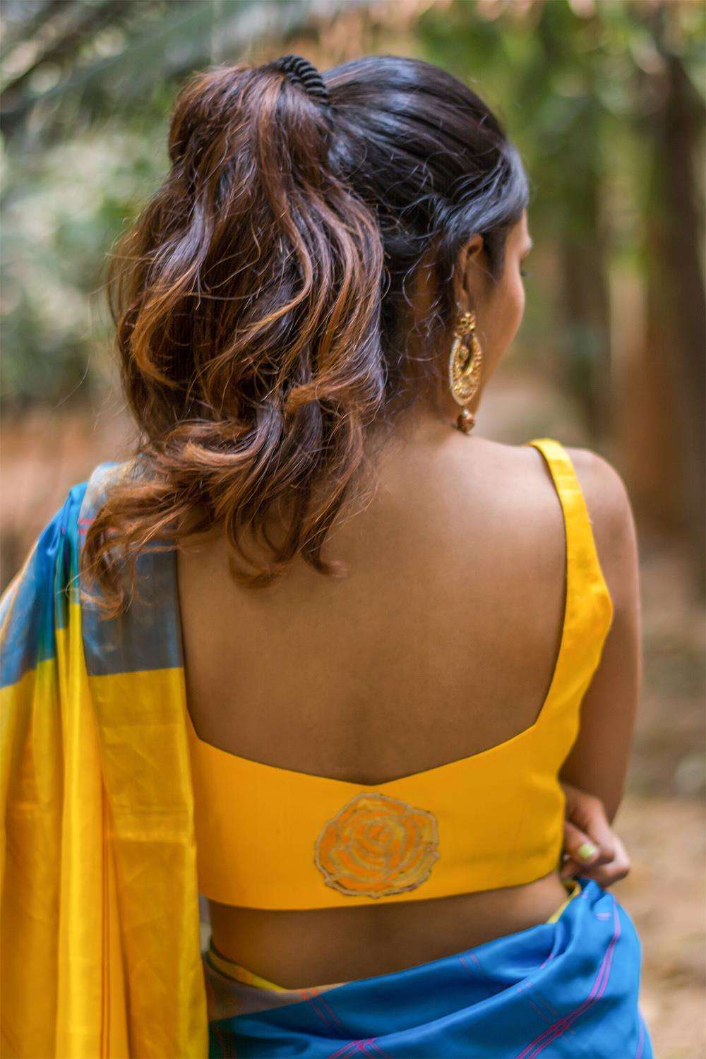 Yellow raw silk sleeveless blouse with applique on back - House of Blouse