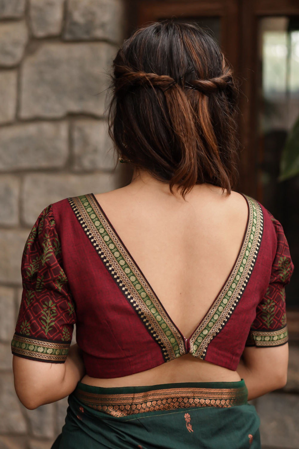 Maroon handloom V neck blouse with printed puff sleeves