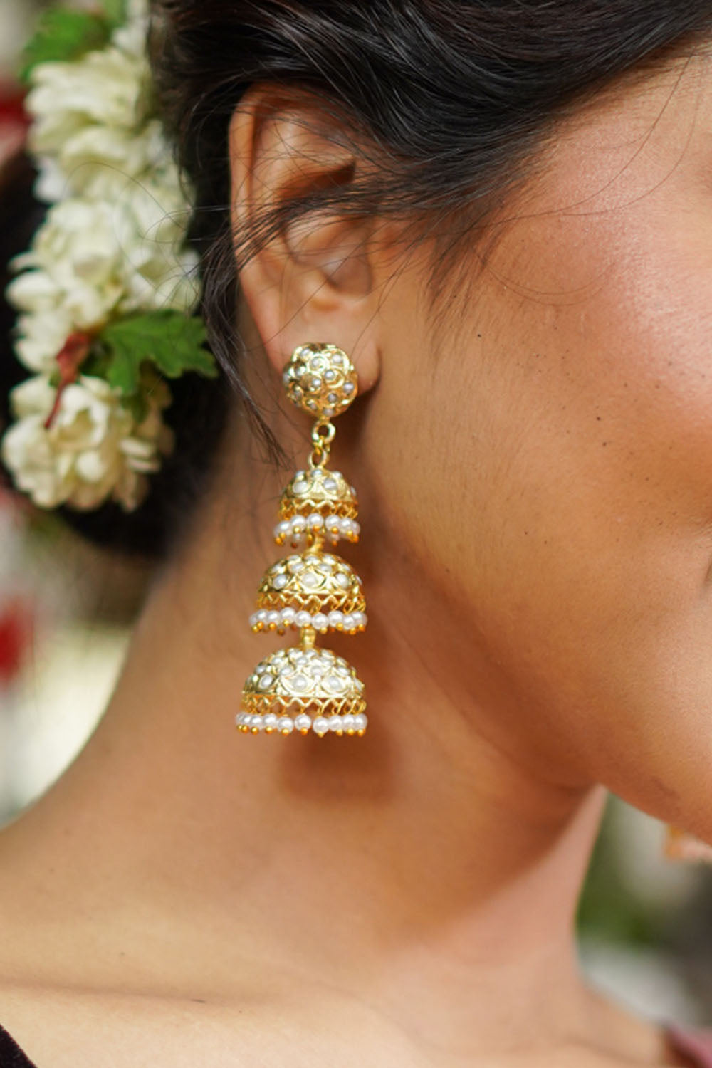 Triple Layer Jhumka Set in White and Gold