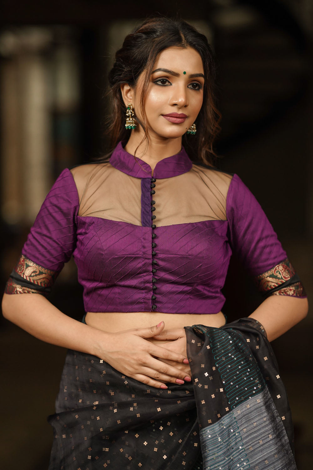 Grape rawsilk pintuck collar neck blouse with black net yoke, Made to Order
