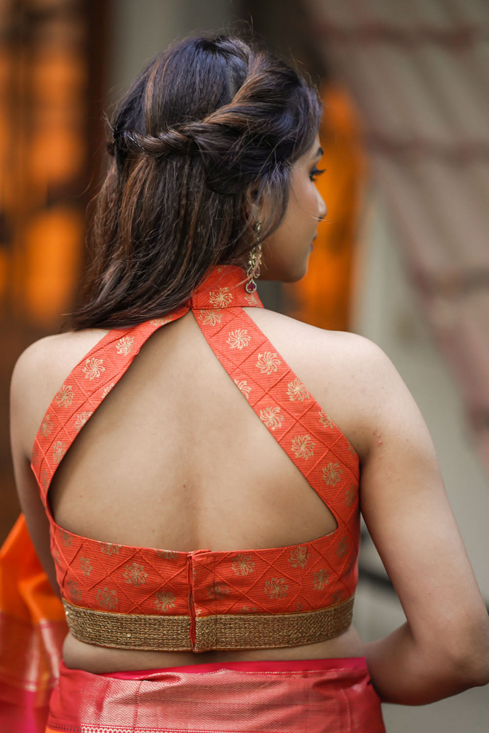 Orange cotton gold printed pintuck halter neck blouse, Made to order