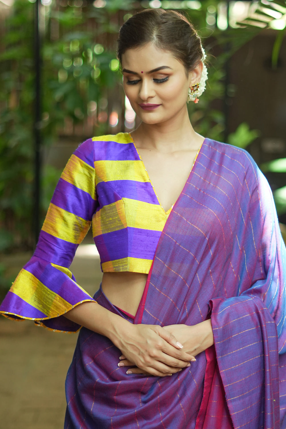 Yellow purple bold stripes design pure raw silk V neck blouse with bell sleeves