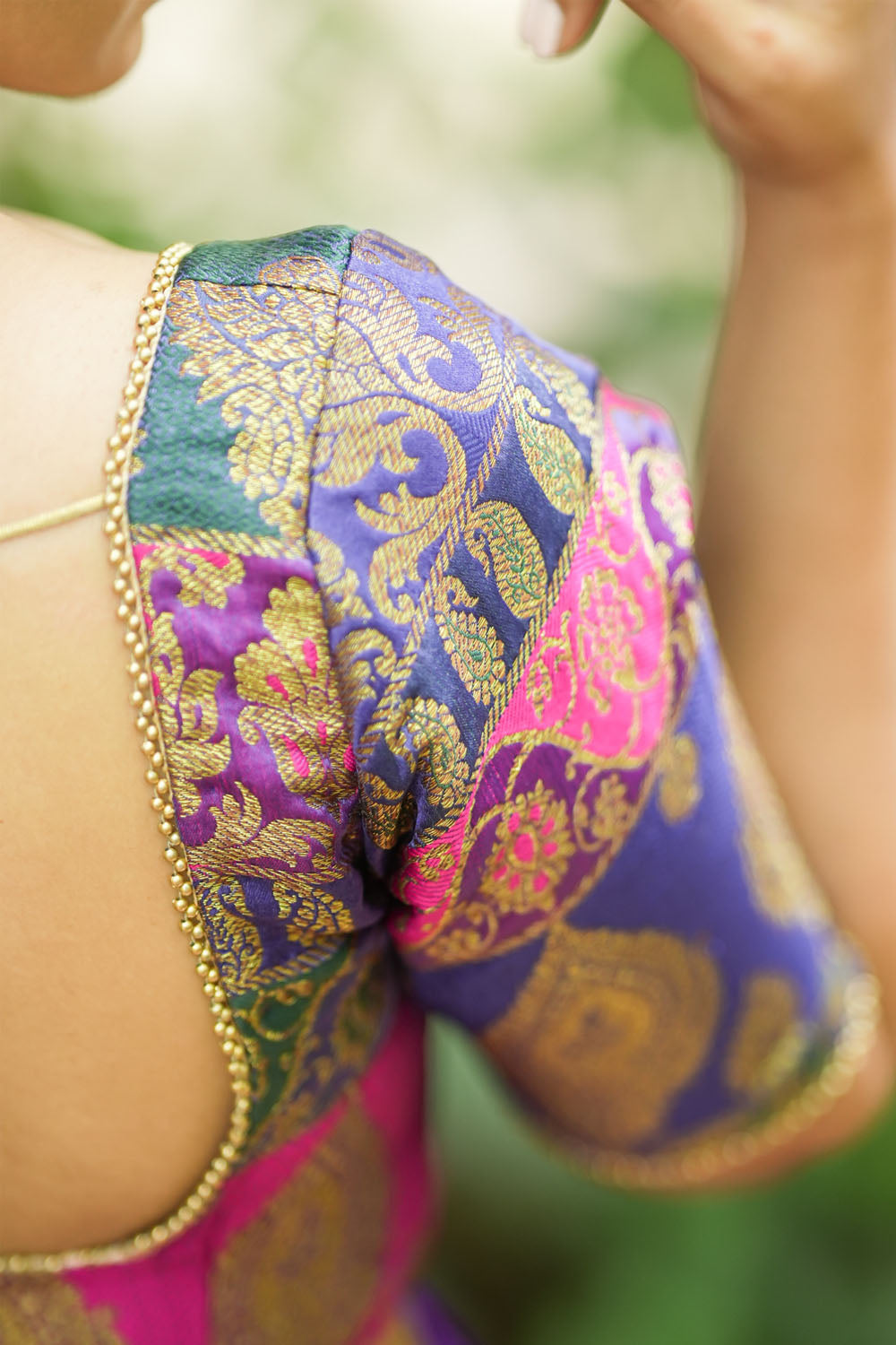 Purple and pink banarasi brocade square neck blouse
