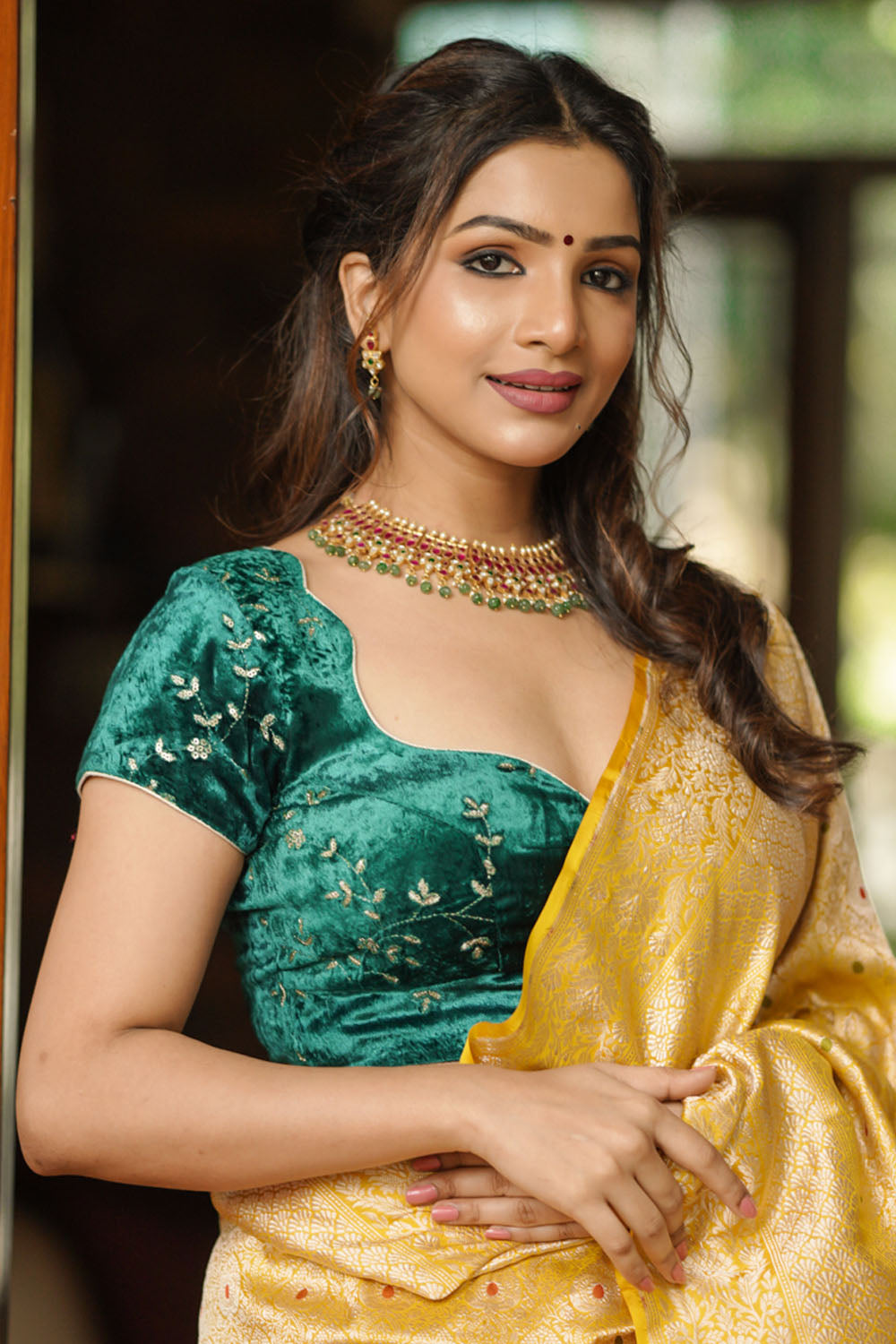 Rama green velvet with Antique Gold sequins Arch Neck blouse, Made to Order