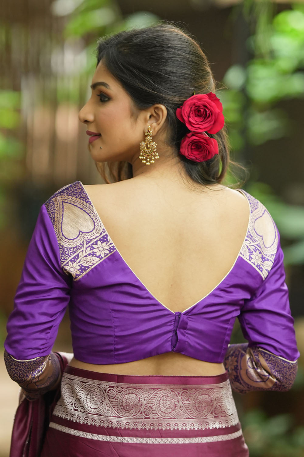 Purple silk & brocade V neck blouse with 3/4th sleeves, Made to Order