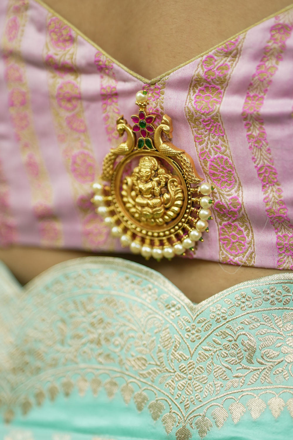 Thistle banarasi brocade  plunge neck full sleeves blouse with goddess trinket detailing