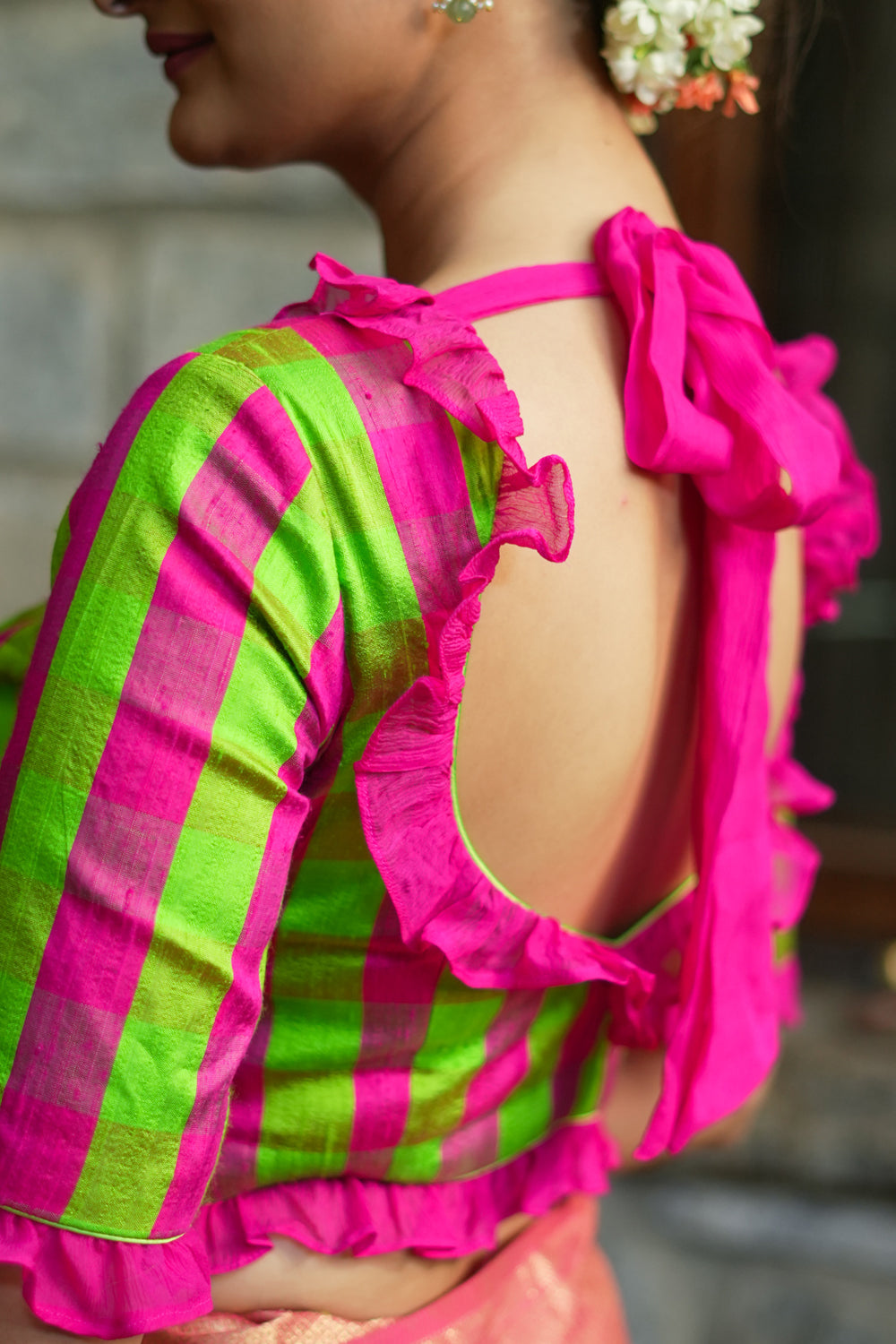 Green pink checked pure rawsilk V neck blouse with chiffon frills