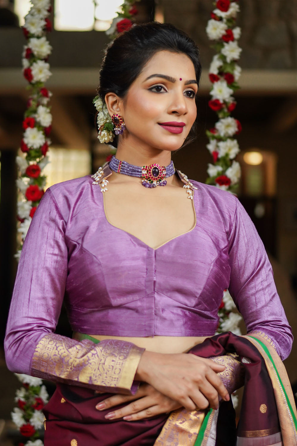Dusty Mauve Raw Silk Blouse with Collar neck with Guttapasulu detailing Mix and Match Blouse for saree, Made to Order