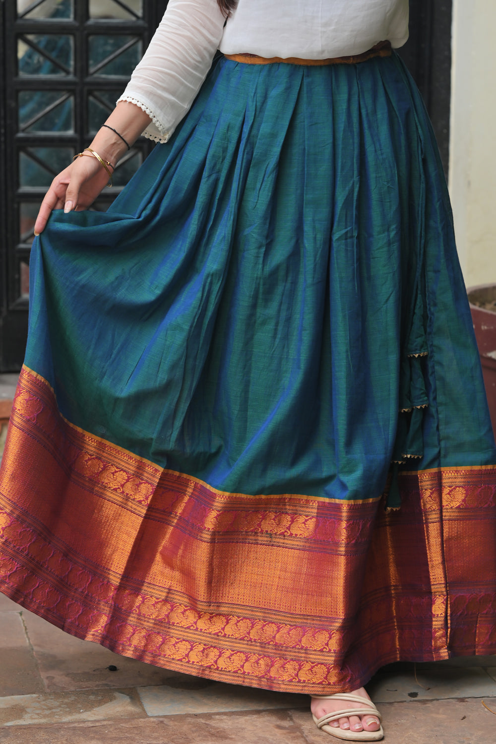 Moor Hues - Peacock Blue Green Pleated skirt with White Georgette Top | Made To Order