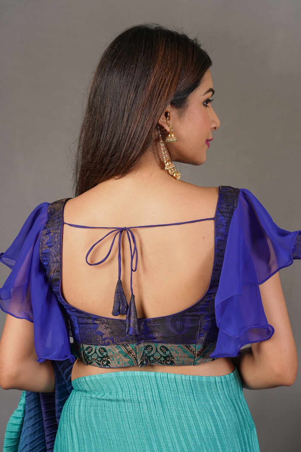 Turquoise blue banarasi brocade flutter sleeve U neck blouse