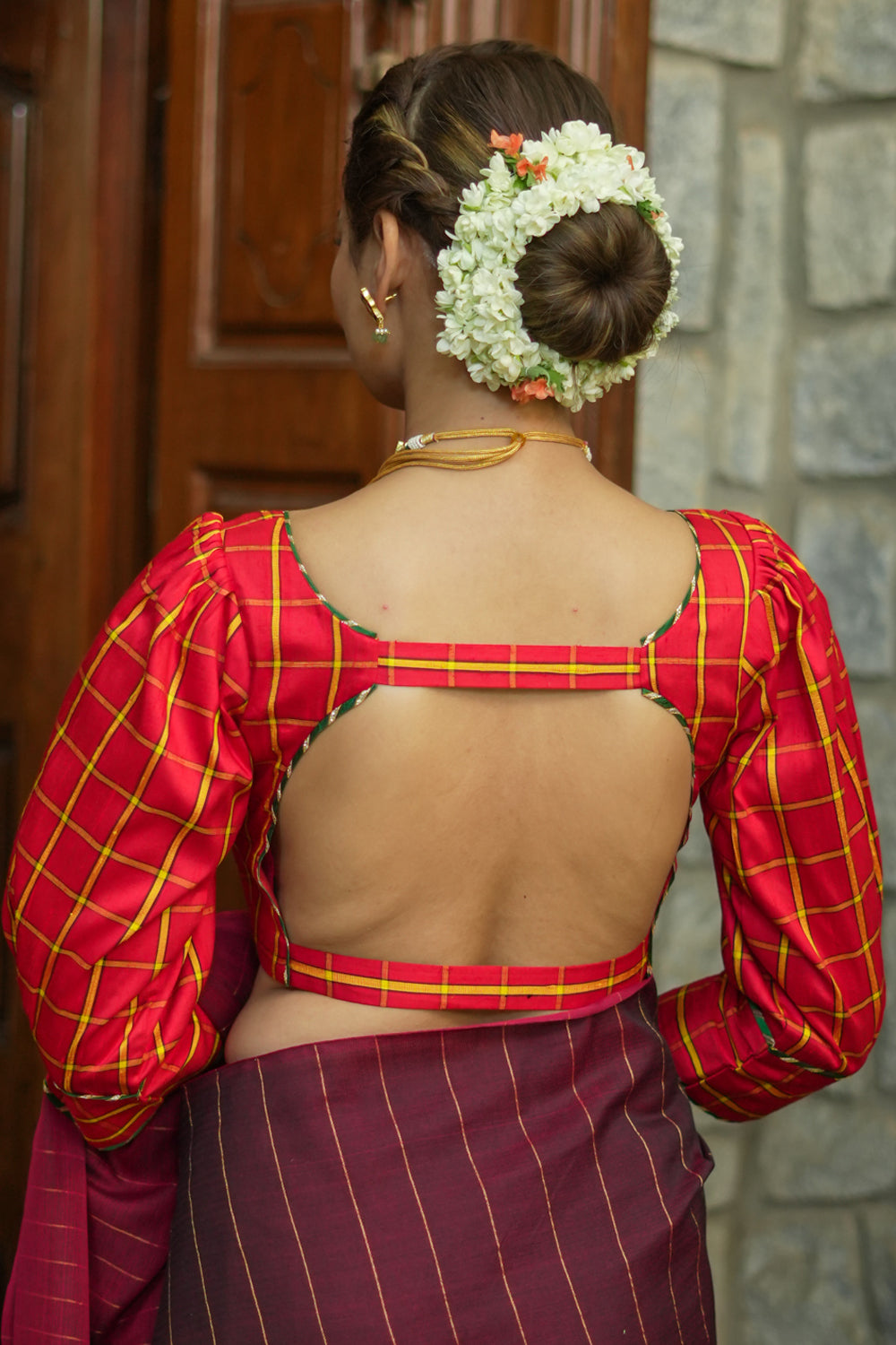 Red checked pure rawsilk U neck blouse with puff sleeves