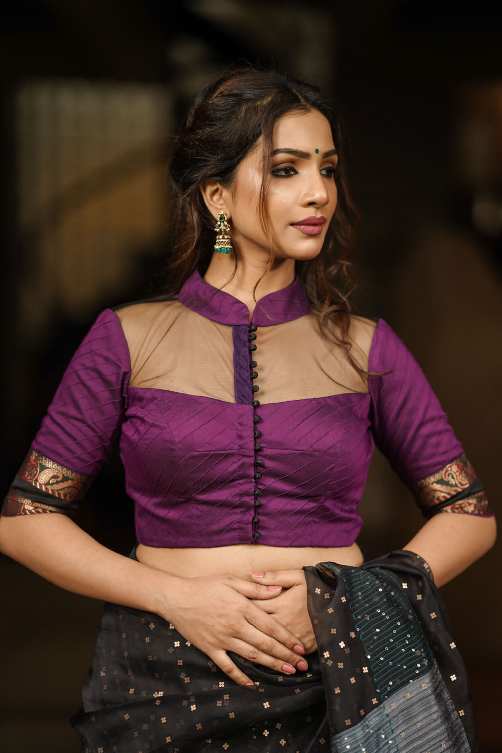 Grape rawsilk pintuck collar neck blouse with black net yoke, Made to Order