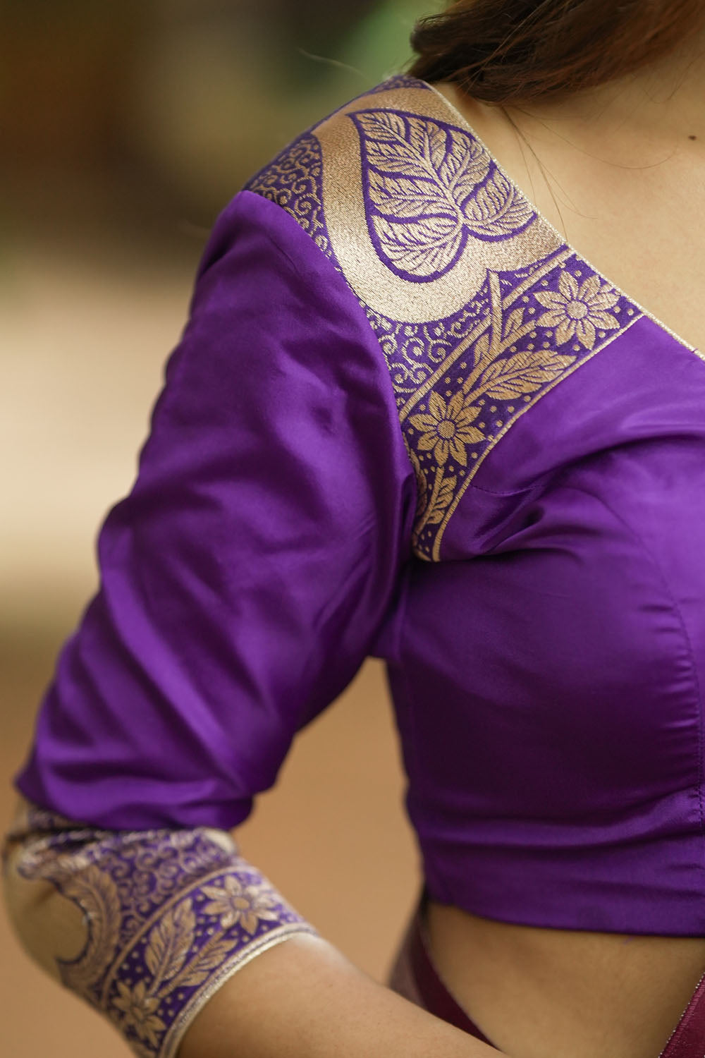 Purple silk & brocade V neck blouse with 3/4th sleeves, Made to Order
