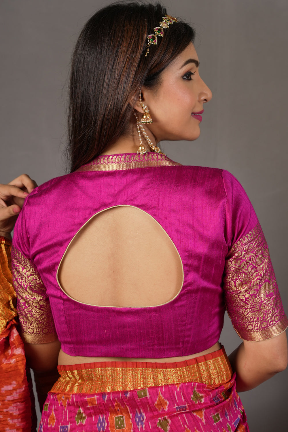 Dark pink pure raw silk wide V neck  blouse