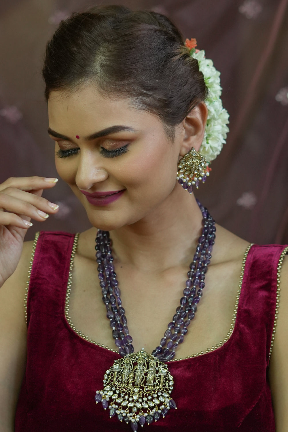 3" Ram Darbar Design, Victorian Finish Embellished Haar and Matching earrings Set