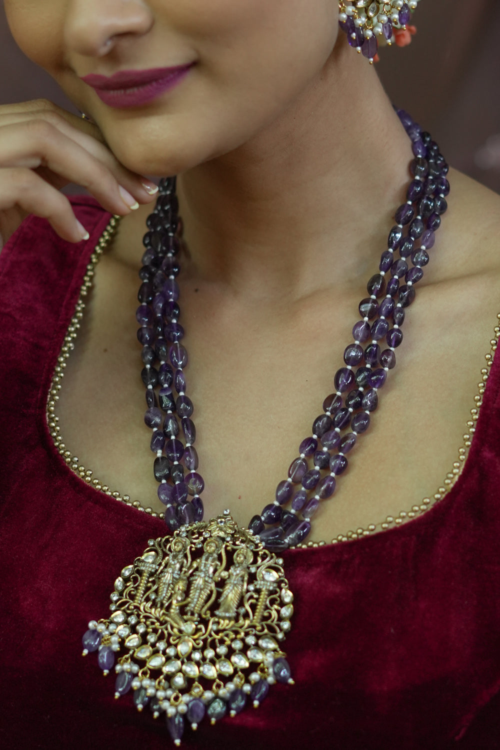 3" Ram Darbar Design, Victorian Finish Embellished Haar and Matching earrings Set