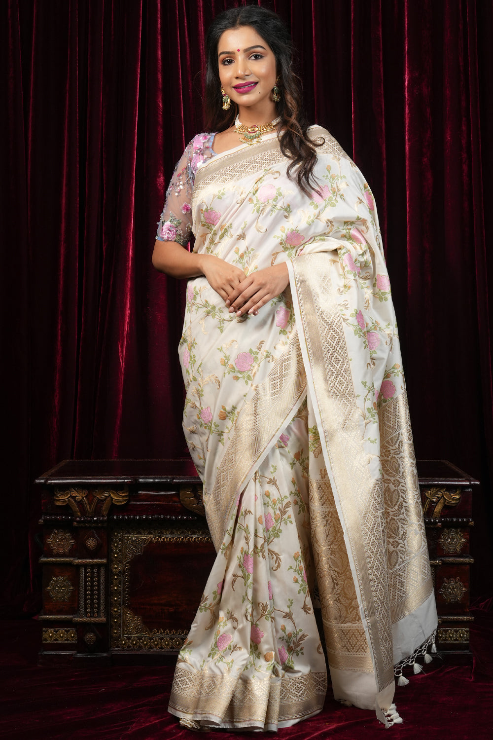 Preorder: Off White tone Exquisite Meenakari Rose Jaal Semi Silk Saree and zari border