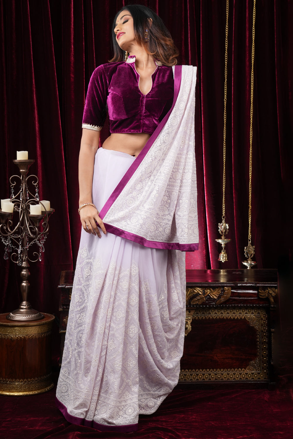 Lilac Georgette Saree with Self Embroidery and Contrasting Satin Trim