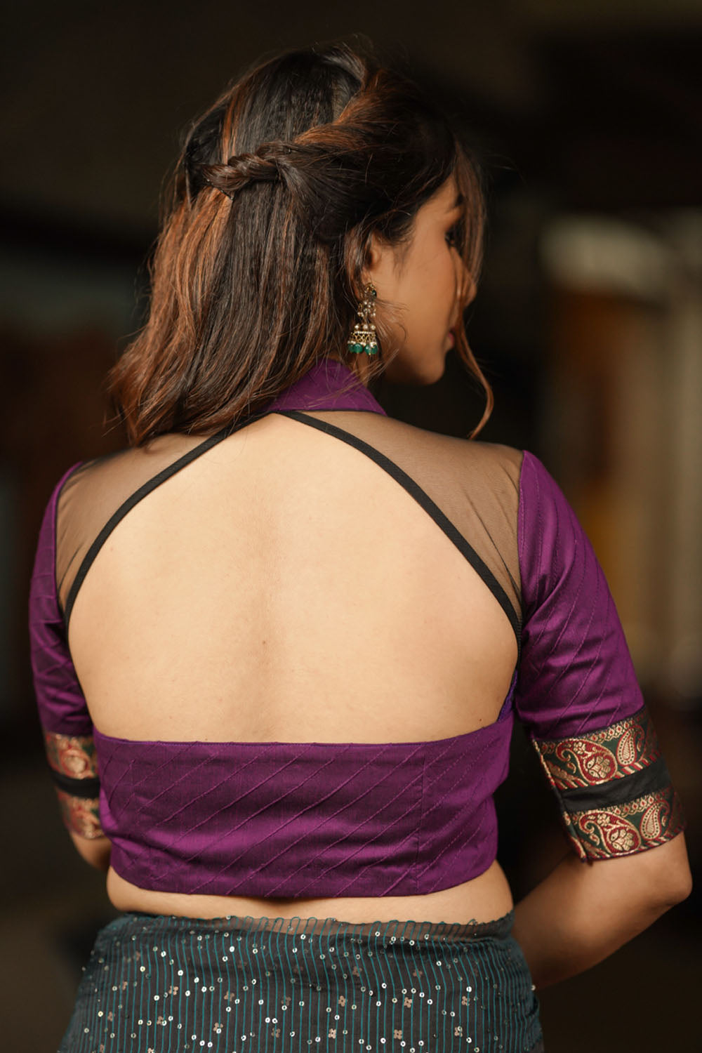 Grape cotton silk pintuck chinese collar blouse with black net yoke