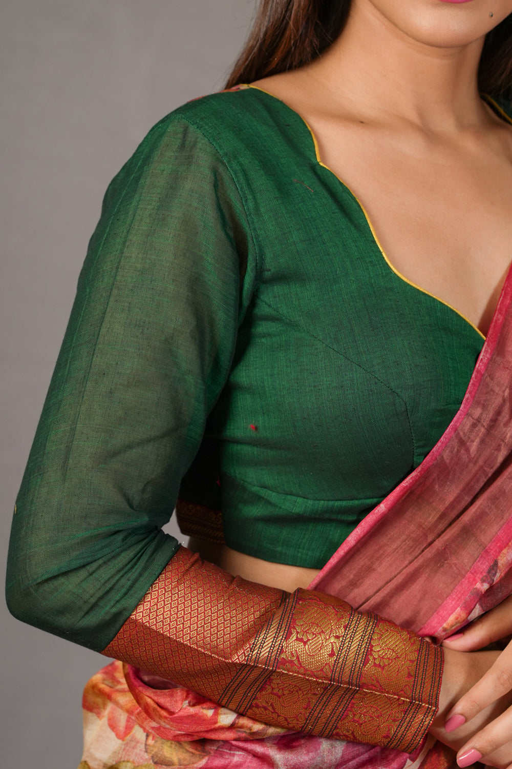 Emerald green full sleeve narayanpet cotton sweetheart neck blouse with kalamkari panel