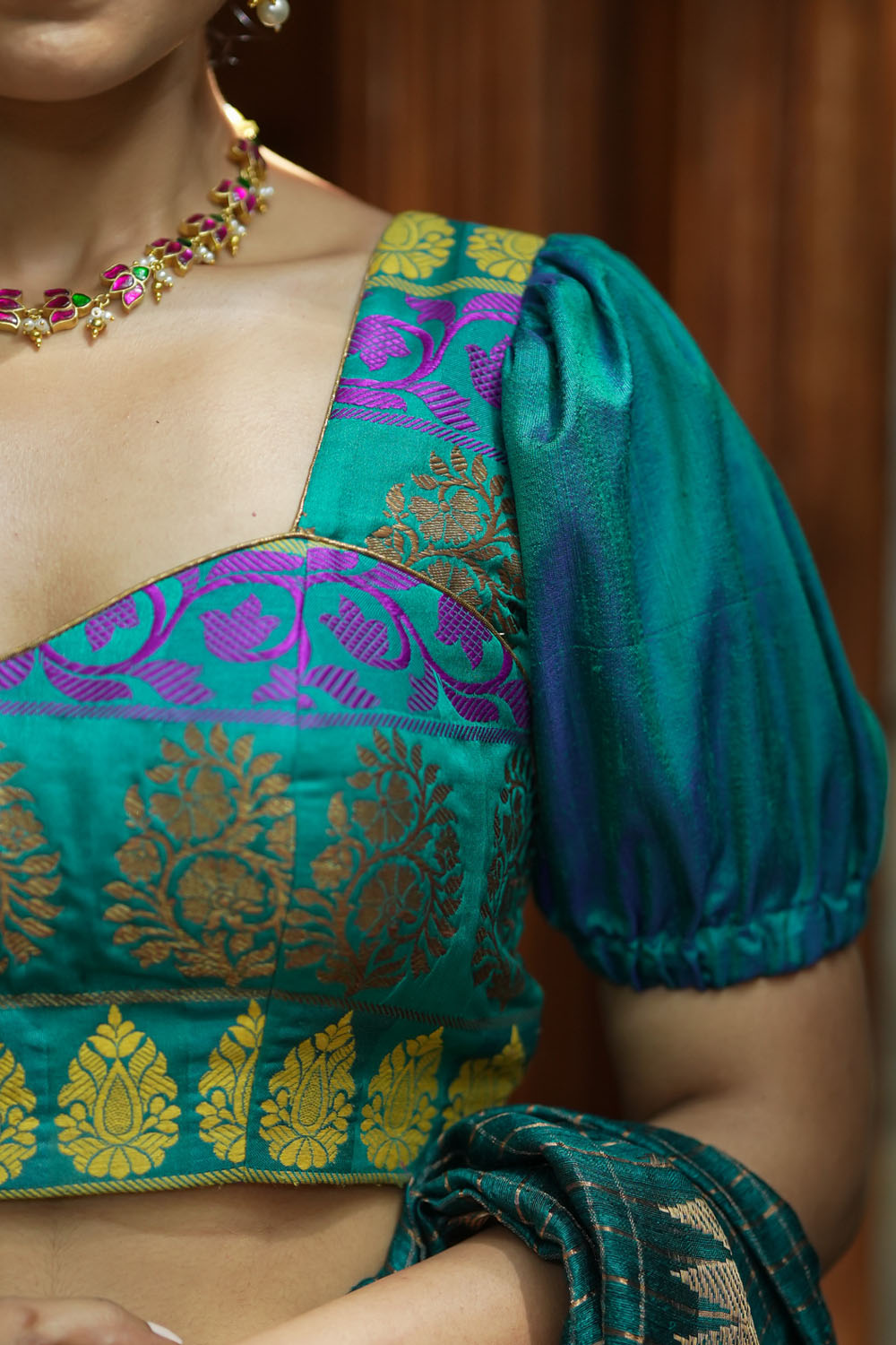 Teal brocade & pure rawsilk sweet heart neck blouse with sleeve detailing