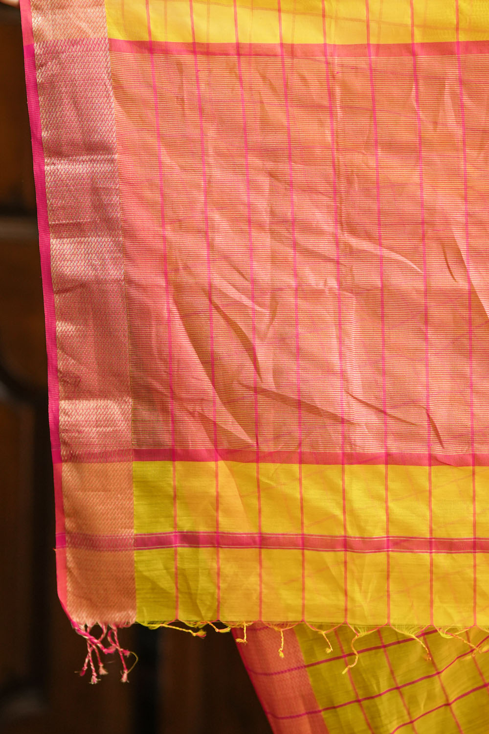 Yellow Red handwoven maheswari silk cotton Saree