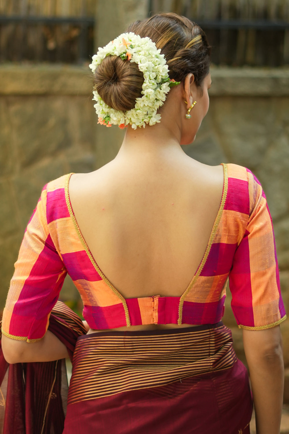 Orange and reddish pink checked pure rawsilk boatneck blouse