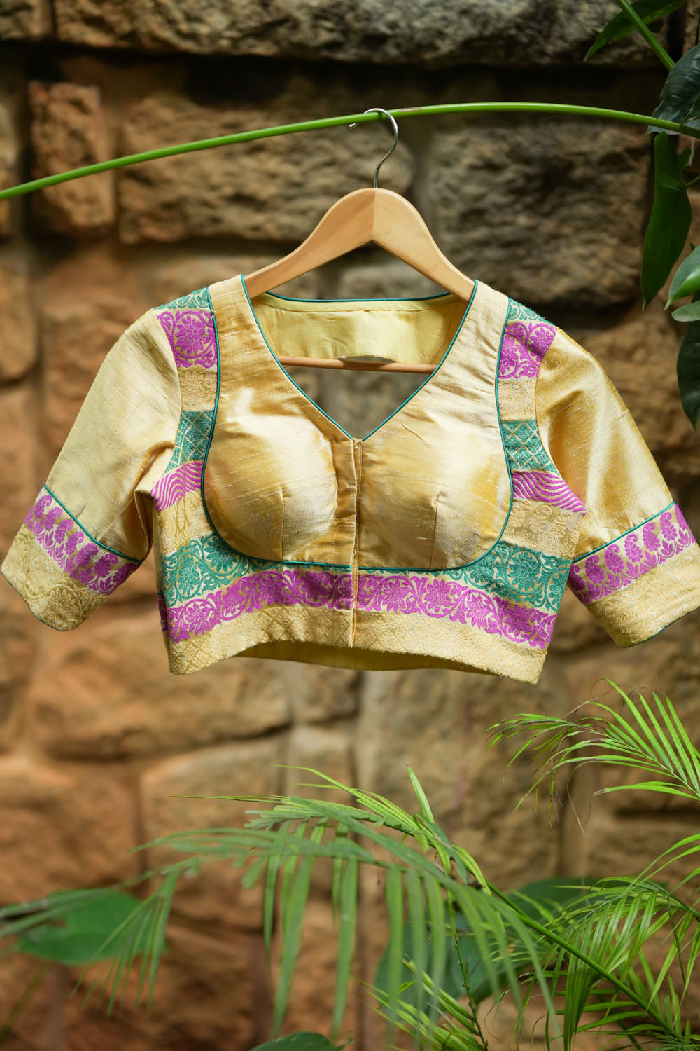 Cream brocade & pure rawsilk V neck blouse