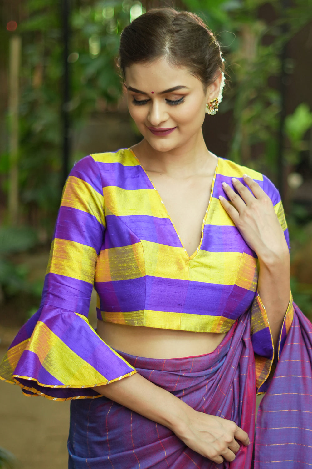 Yellow purple bold stripes design pure raw silk V neck blouse with bell sleeves