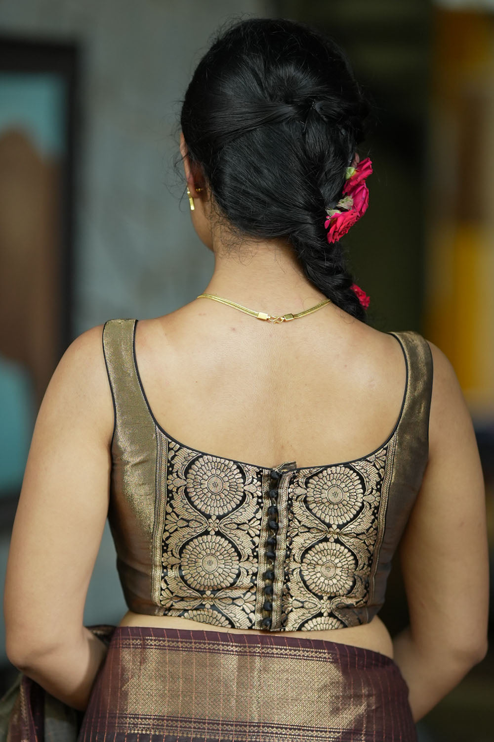 Bronze tissue brocade U neck sleeveless blouse with black brocade detailing