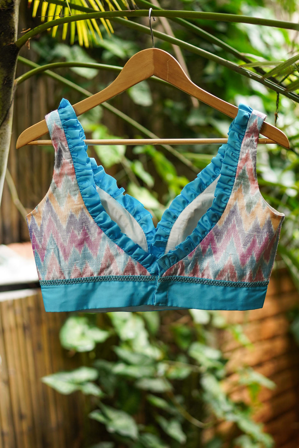Pure Ikkat Raw Silk Blouse with Blue Frill Trim, Made to Order