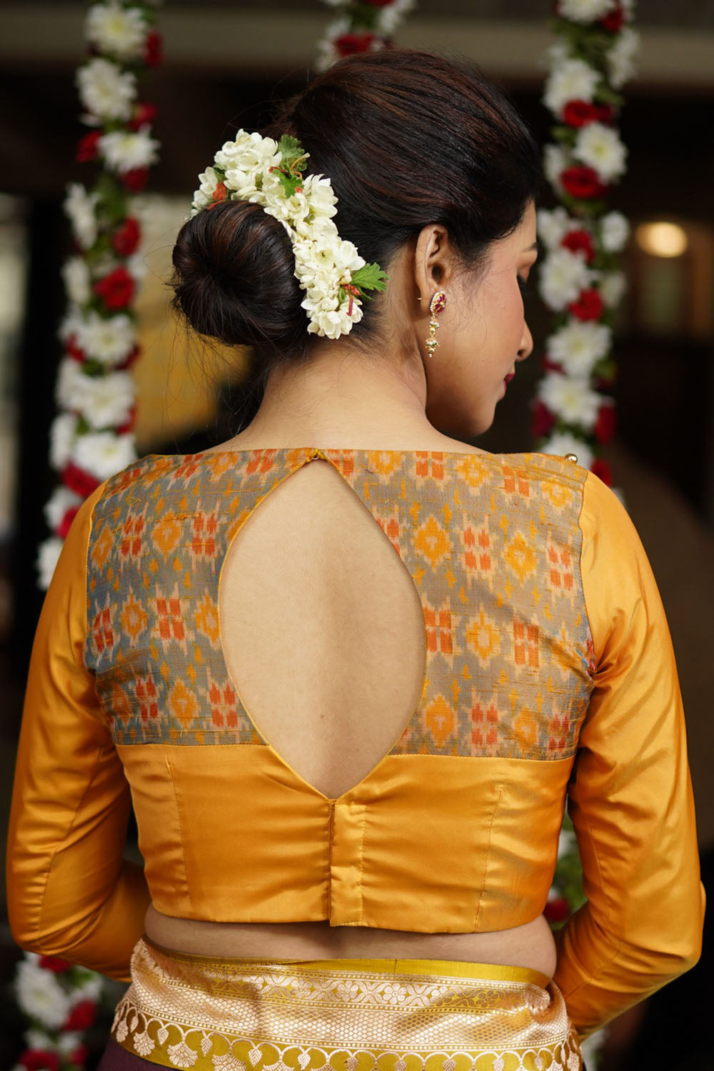 Mustard silk boatneck blouse with pure rawsilk ikkat yoke, made to order