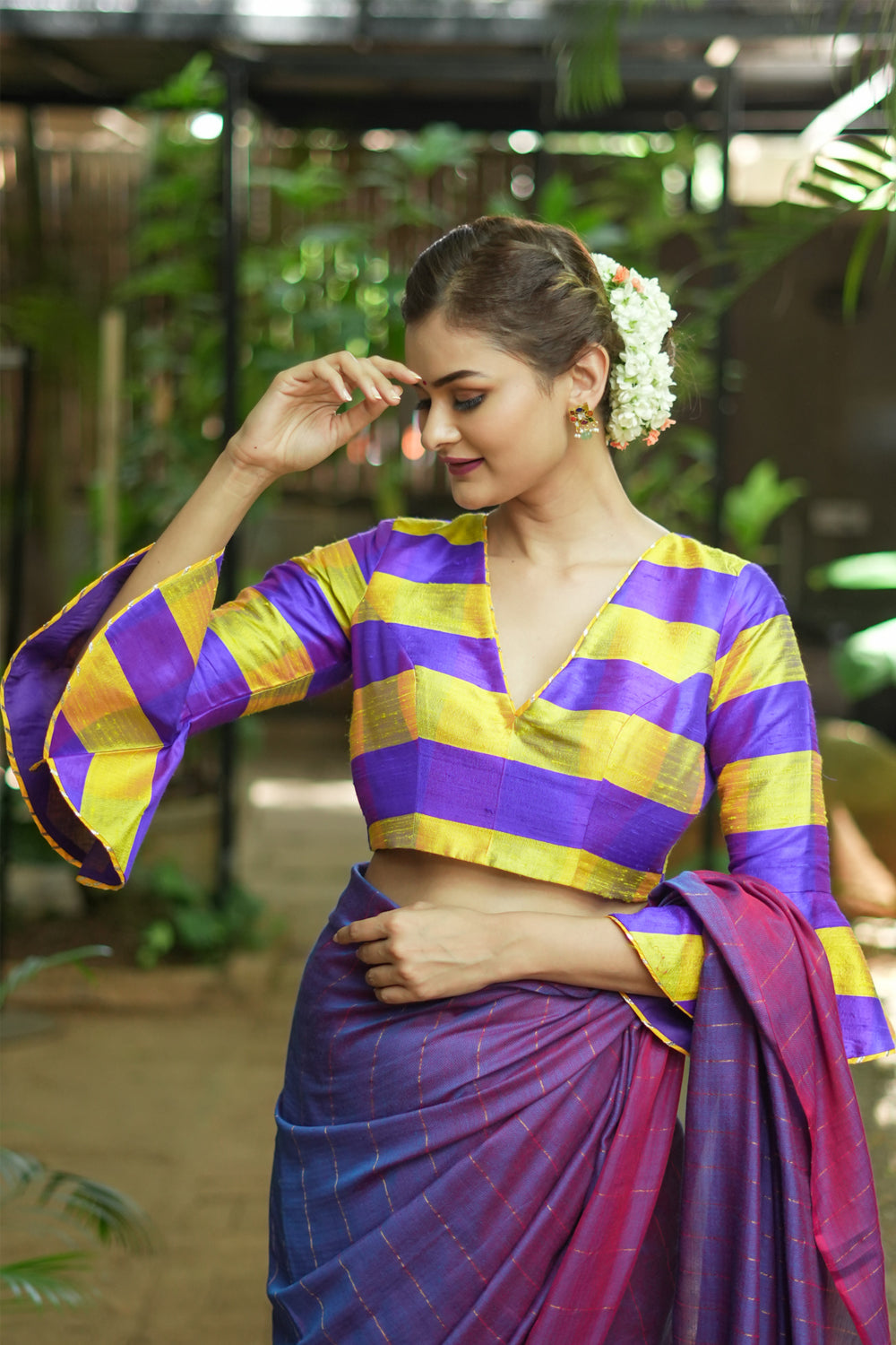Yellow purple bold stripes design pure raw silk V neck blouse with bell sleeves