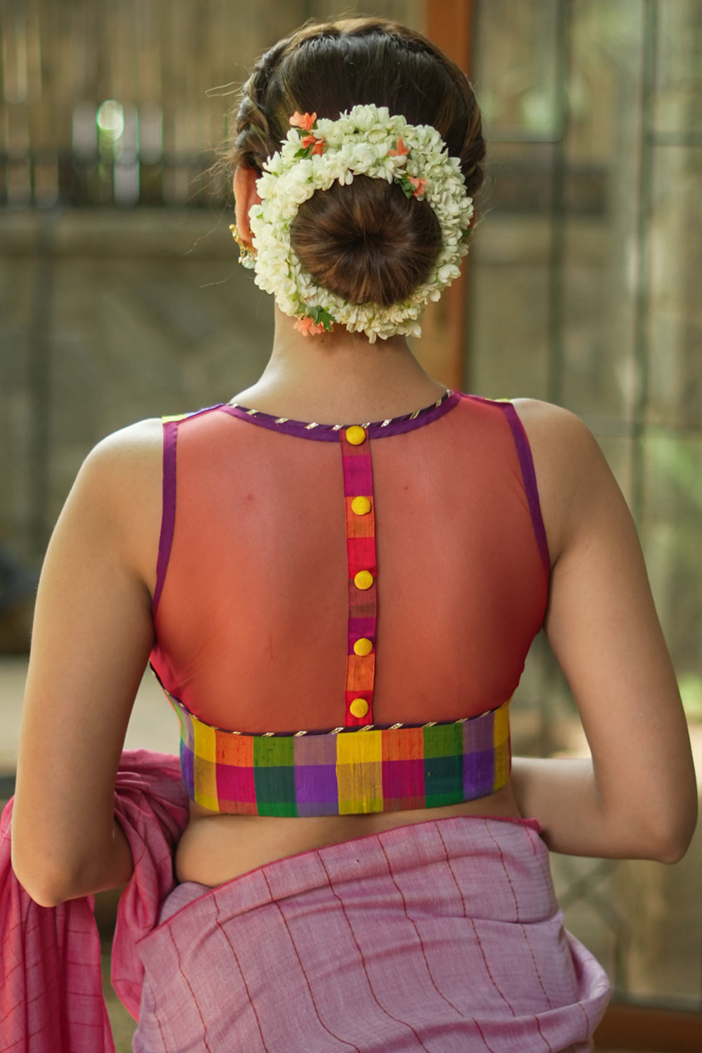 Multicolor checked pure rawsilk sheer back sleeveless blouse