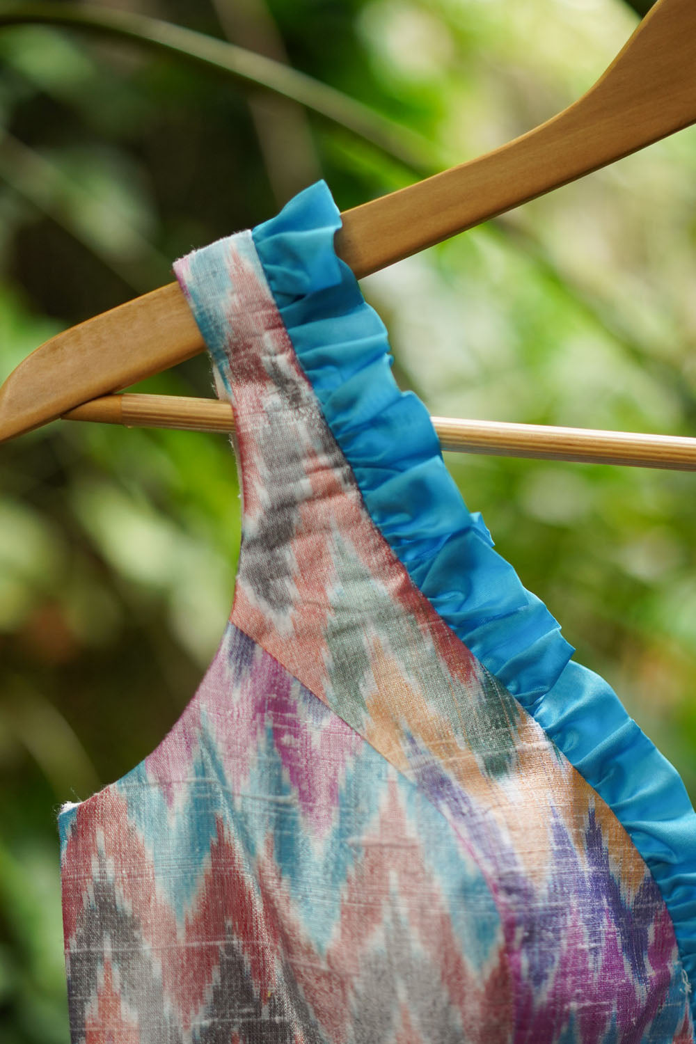 Pure Ikkat Raw Silk Blouse with Blue Frill Trim, Made to Order