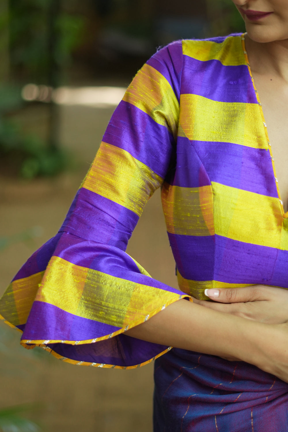 Yellow purple bold stripes design pure raw silk V neck blouse with bell sleeves