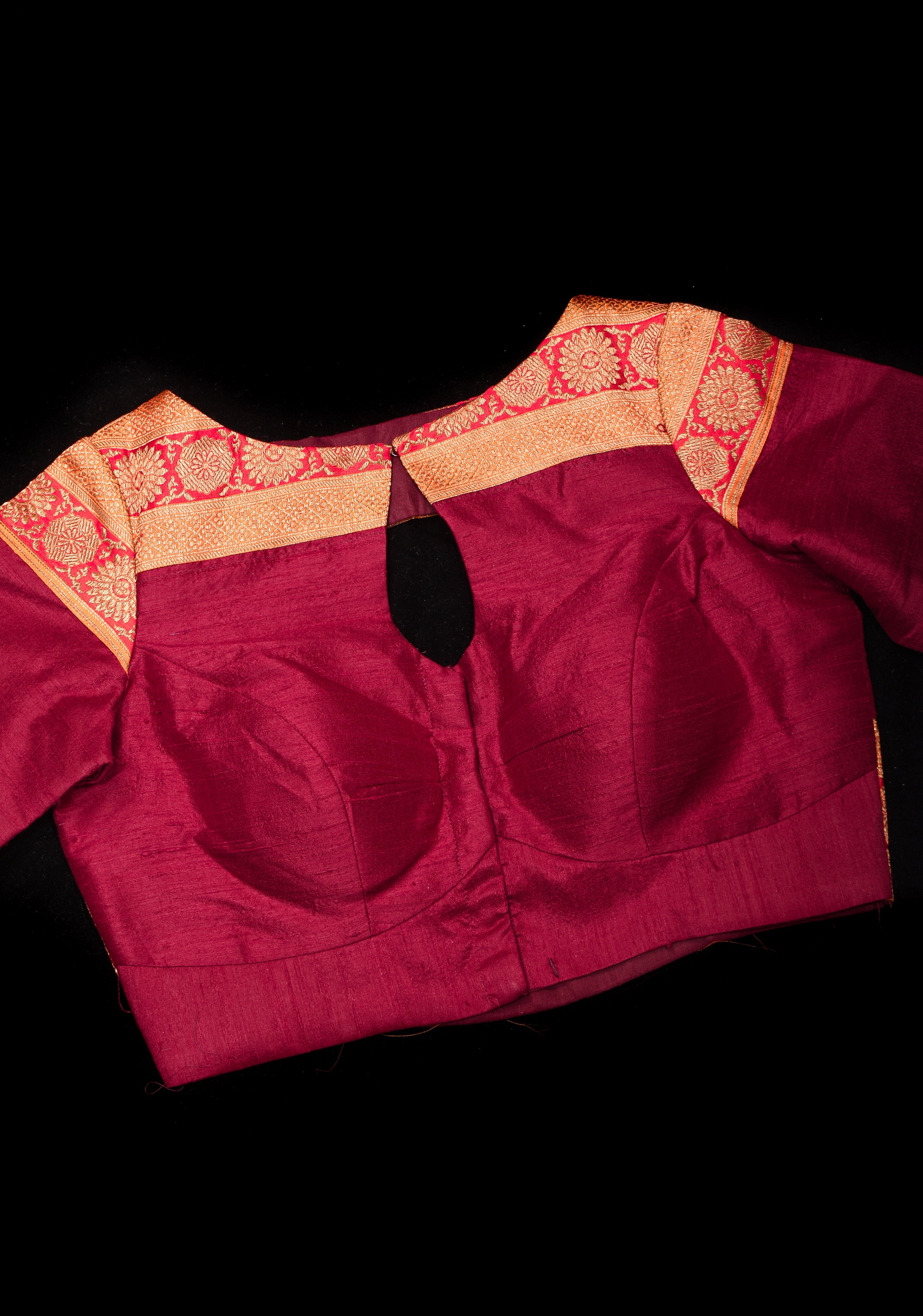 Maroon Pure Raw Silk Blouse With Antique Tone Zari Panel, Customizable, Made to Order