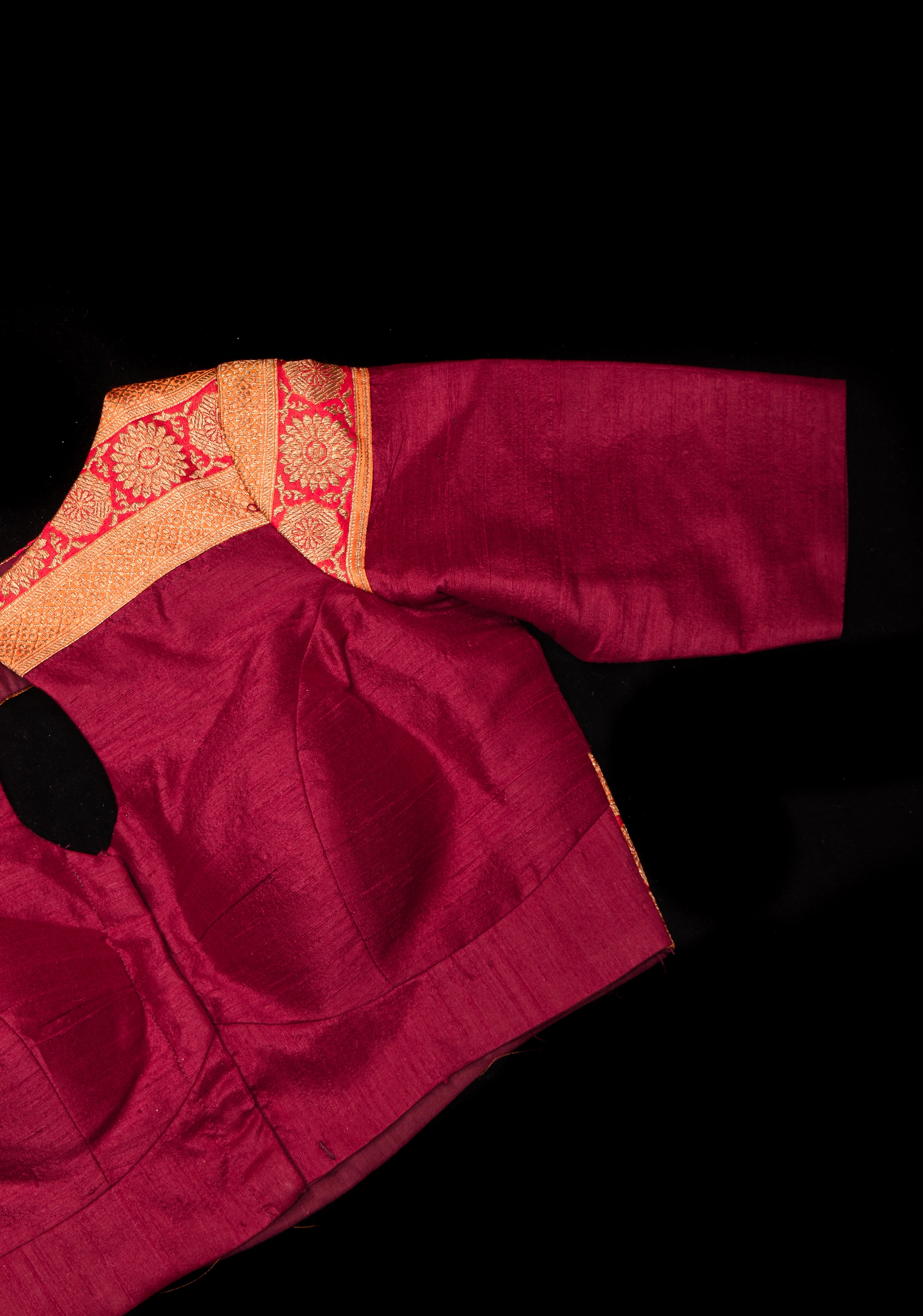 Maroon Pure Raw Silk Blouse With Antique Tone Zari Panel, Customizable, Made to Order