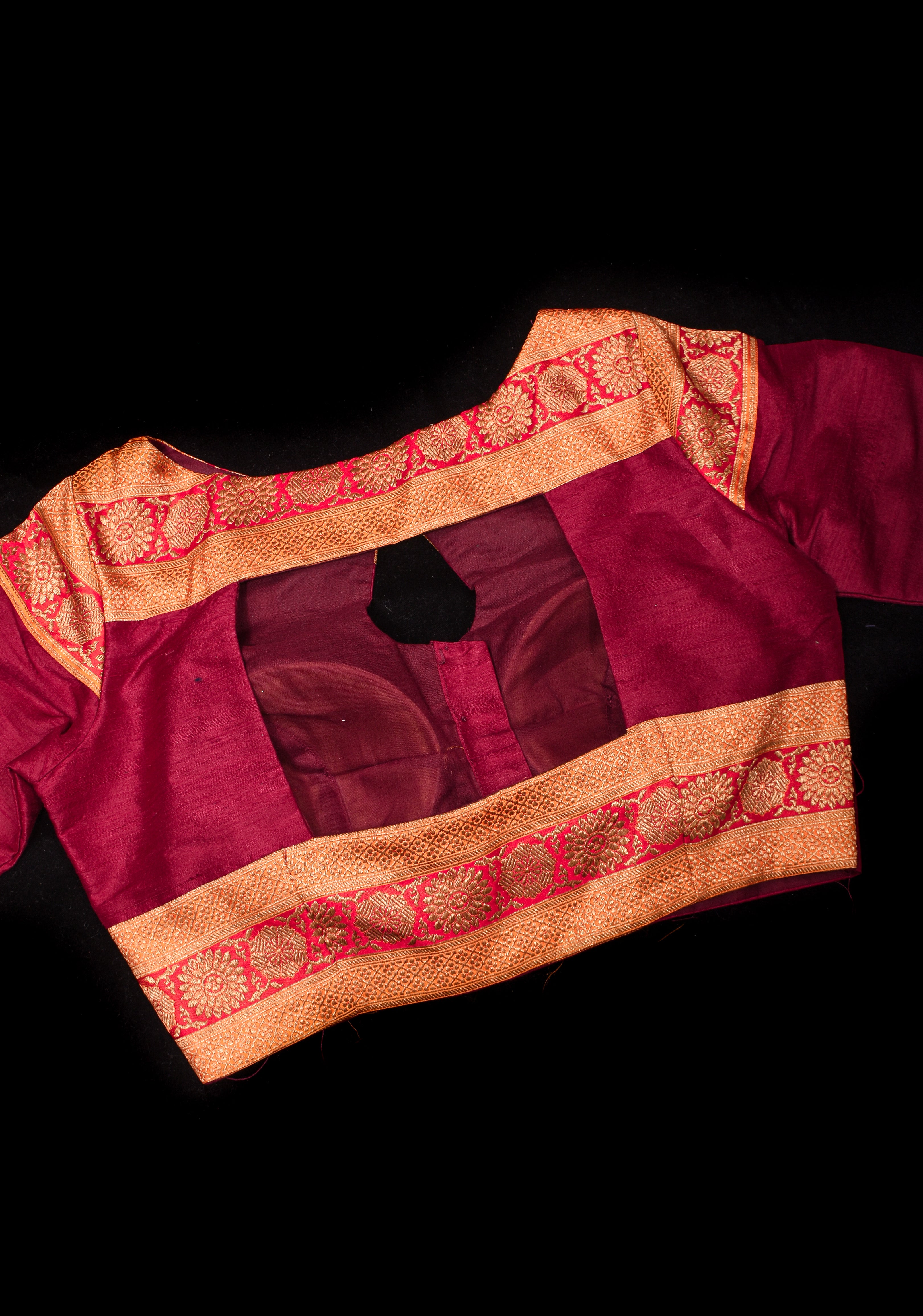 Maroon Pure Raw Silk Blouse With Antique Tone Zari Panel, Customizable, Made to Order
