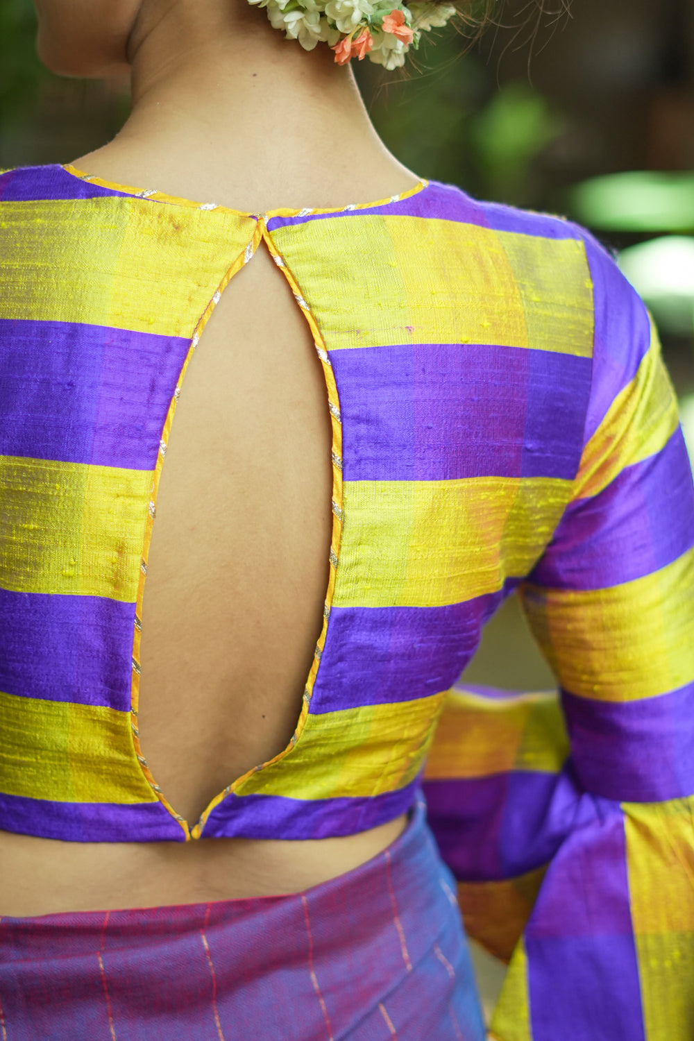 Yellow purple checked pure rawsilk V neck blouse