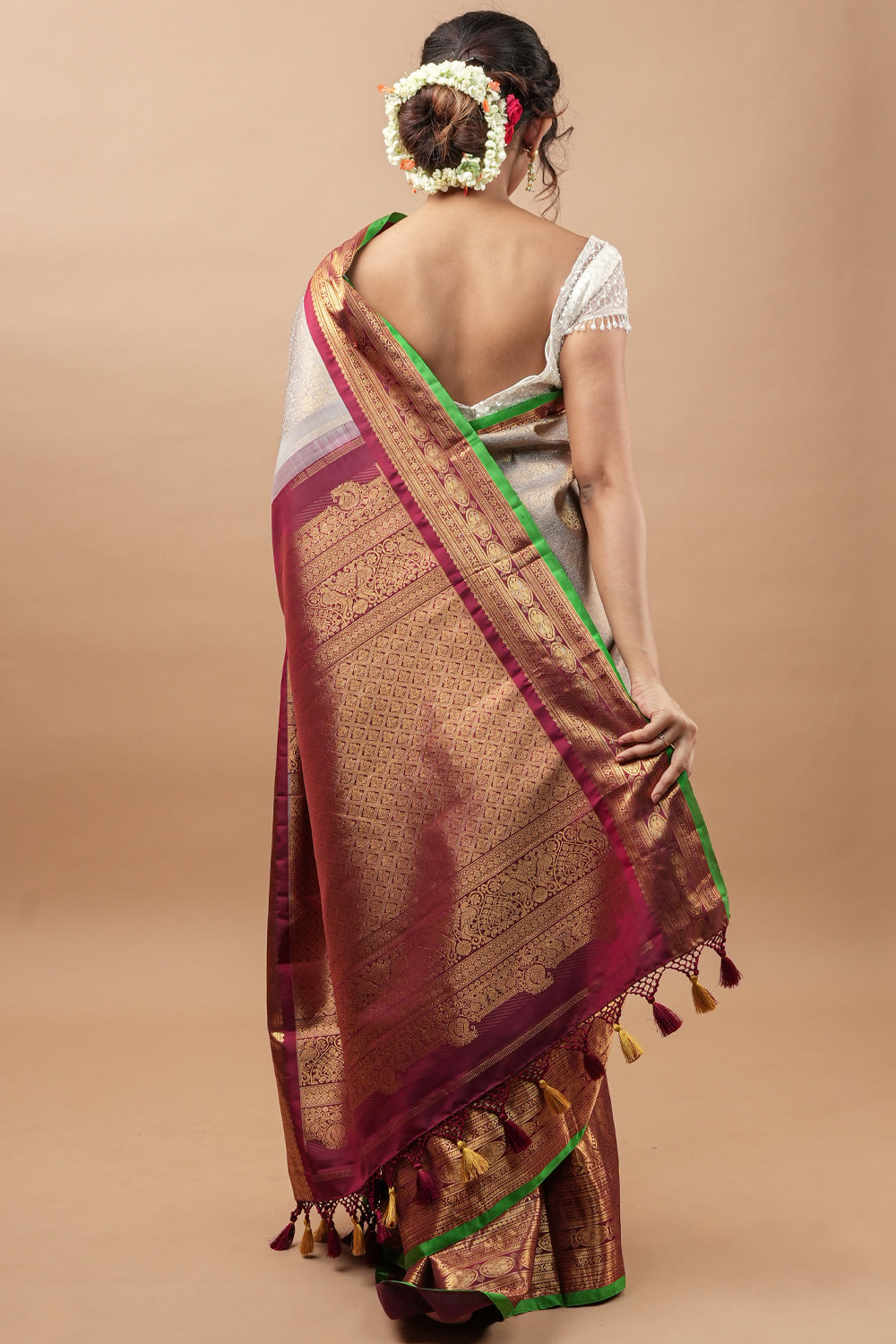 Gray Exquisite Brocade Gadwal Silk Saree with floral Jaal and extravagant 16 inch Zari border | SILK MARK CERTIFIED