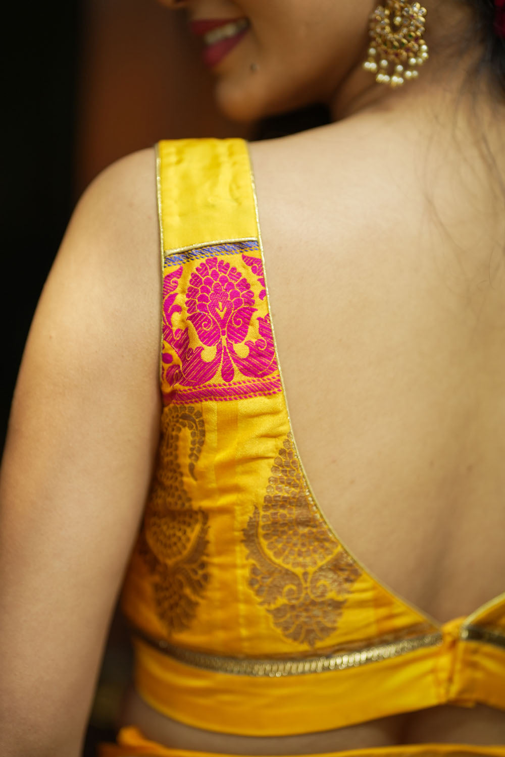 Yellow silk & brocade border wide V neck blouse
