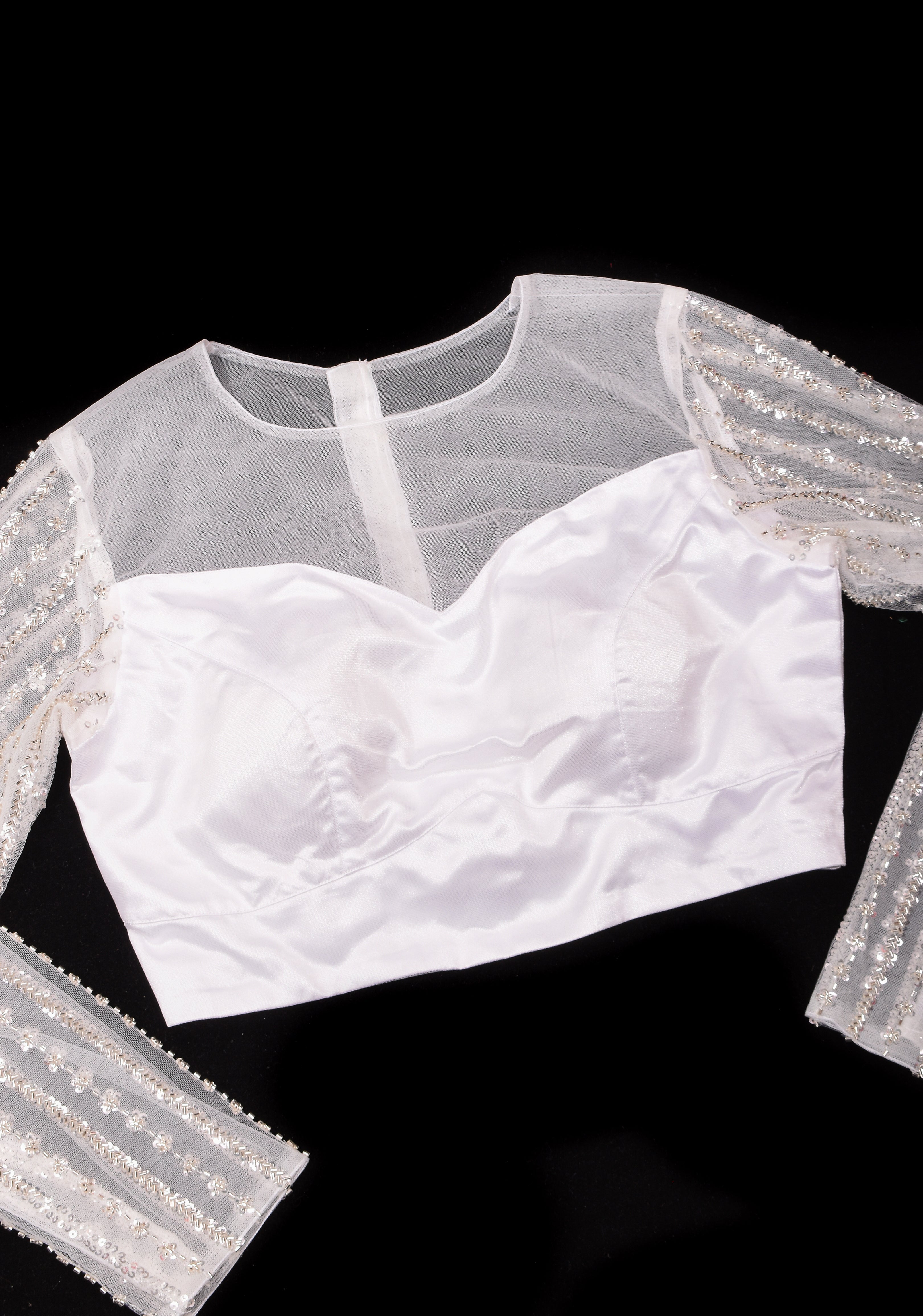 White net sheer yoke blouse with cutdana full sleeves, Made to Order