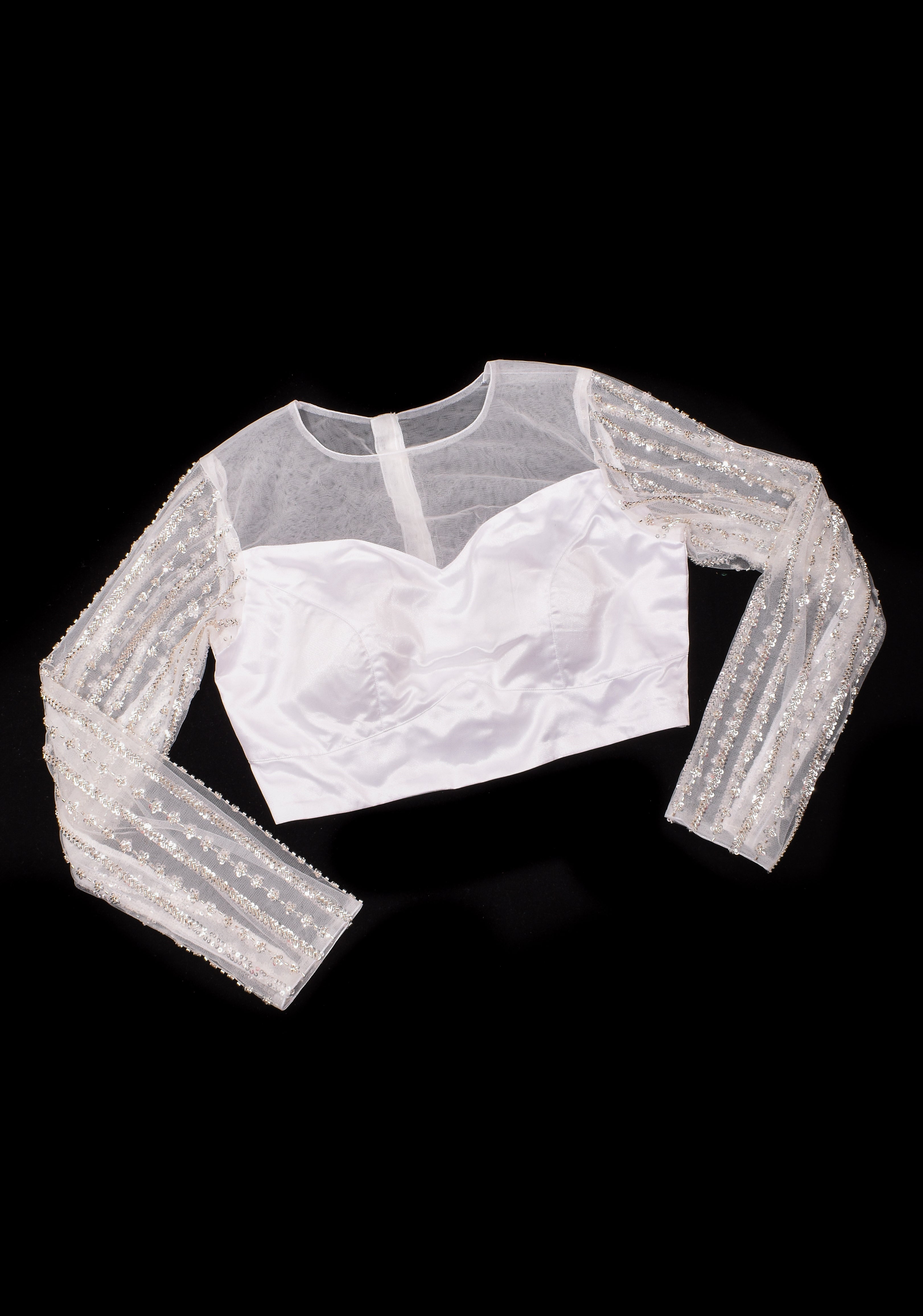 White net sheer yoke blouse with cutdana full sleeves, Made to Order