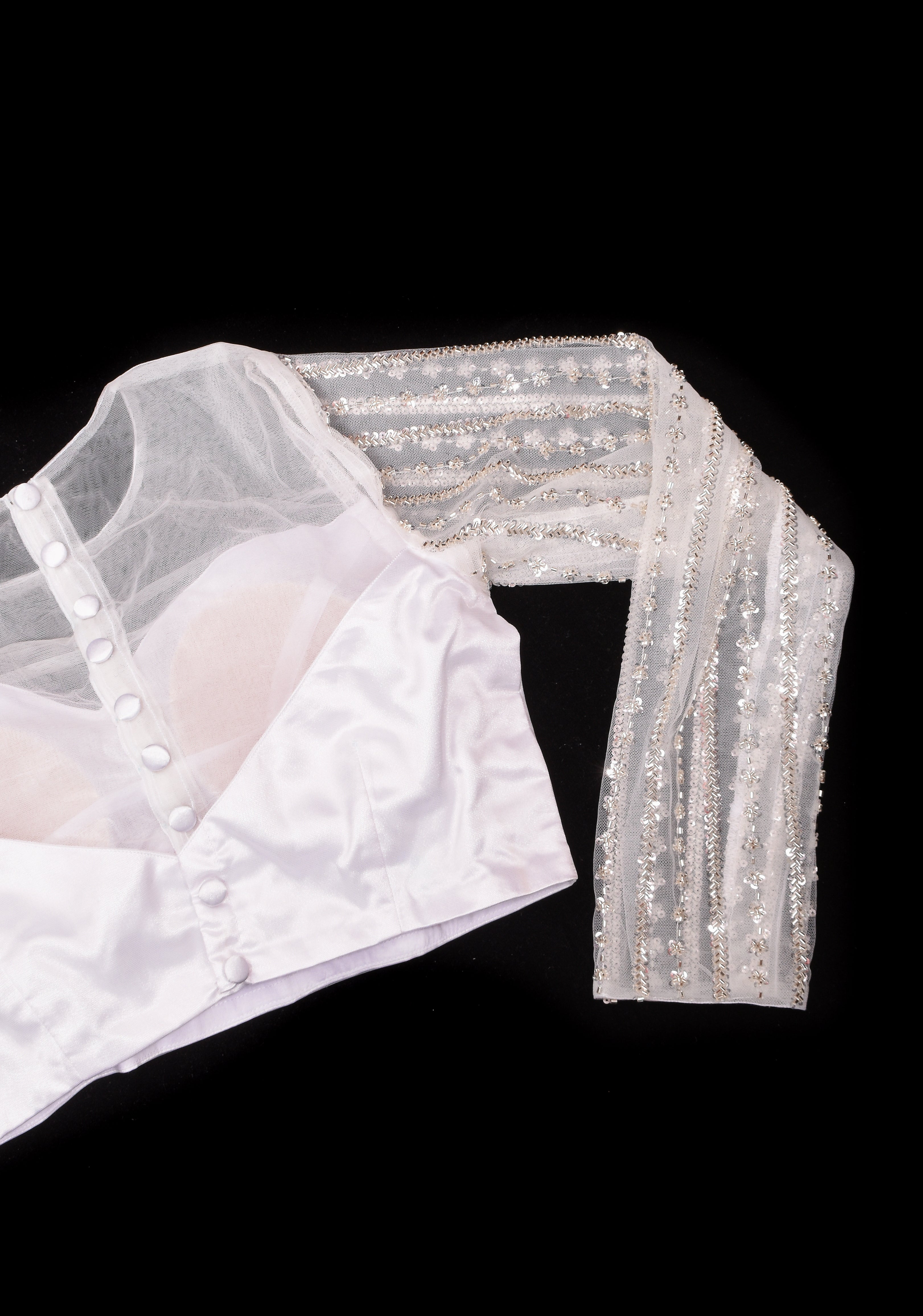 White net sheer yoke blouse with cutdana full sleeves, Made to Order