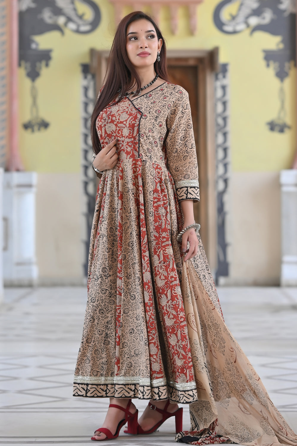 Angrakha Kalidaar Anarkali in earthly shades with chiffon dupatta - 3 piece set | Made to Order