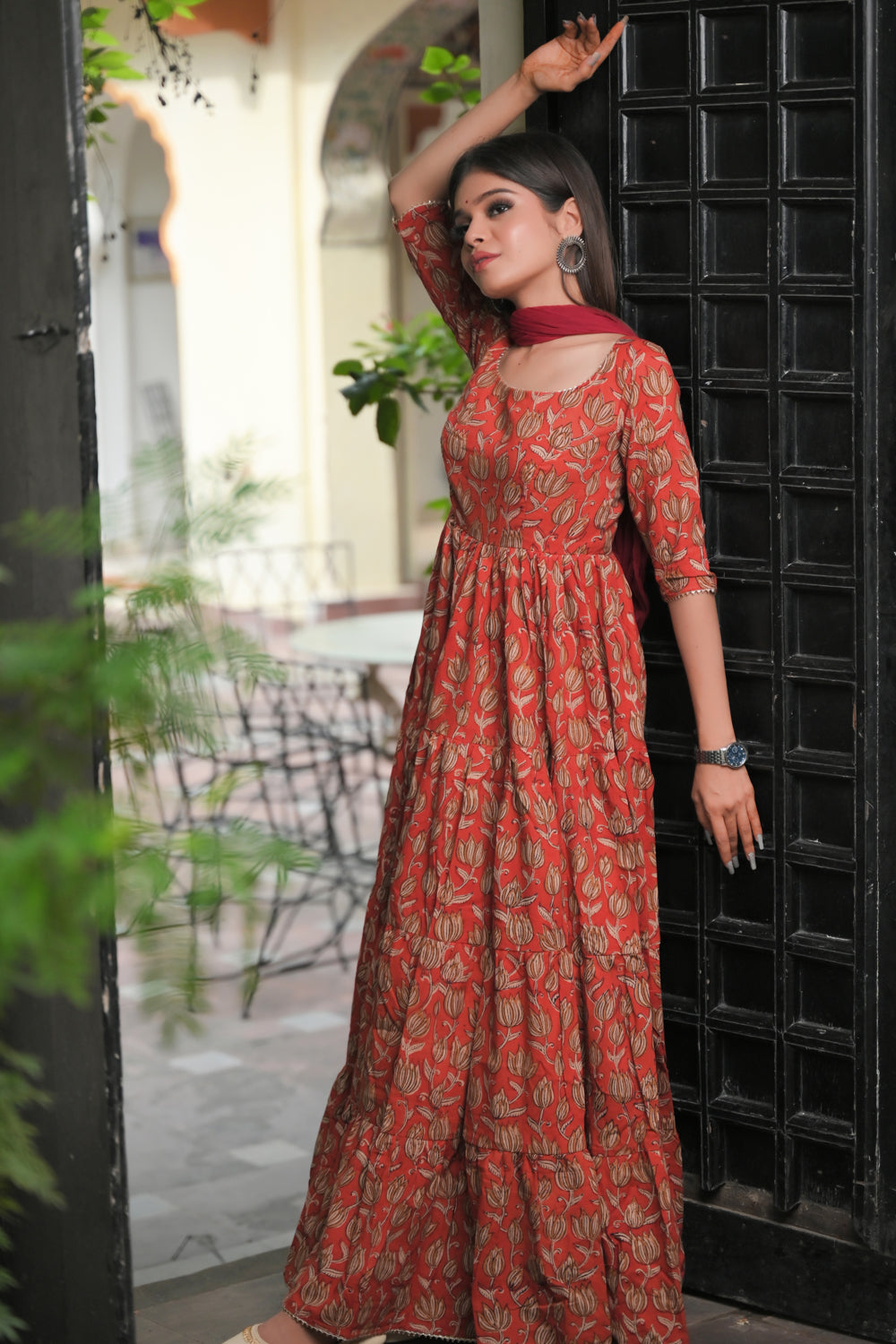 Radhika - 3 piece Tiered Anarkali in Terracotta Red Hand Block Print Mul Cotton, Leggins included | Made To Order