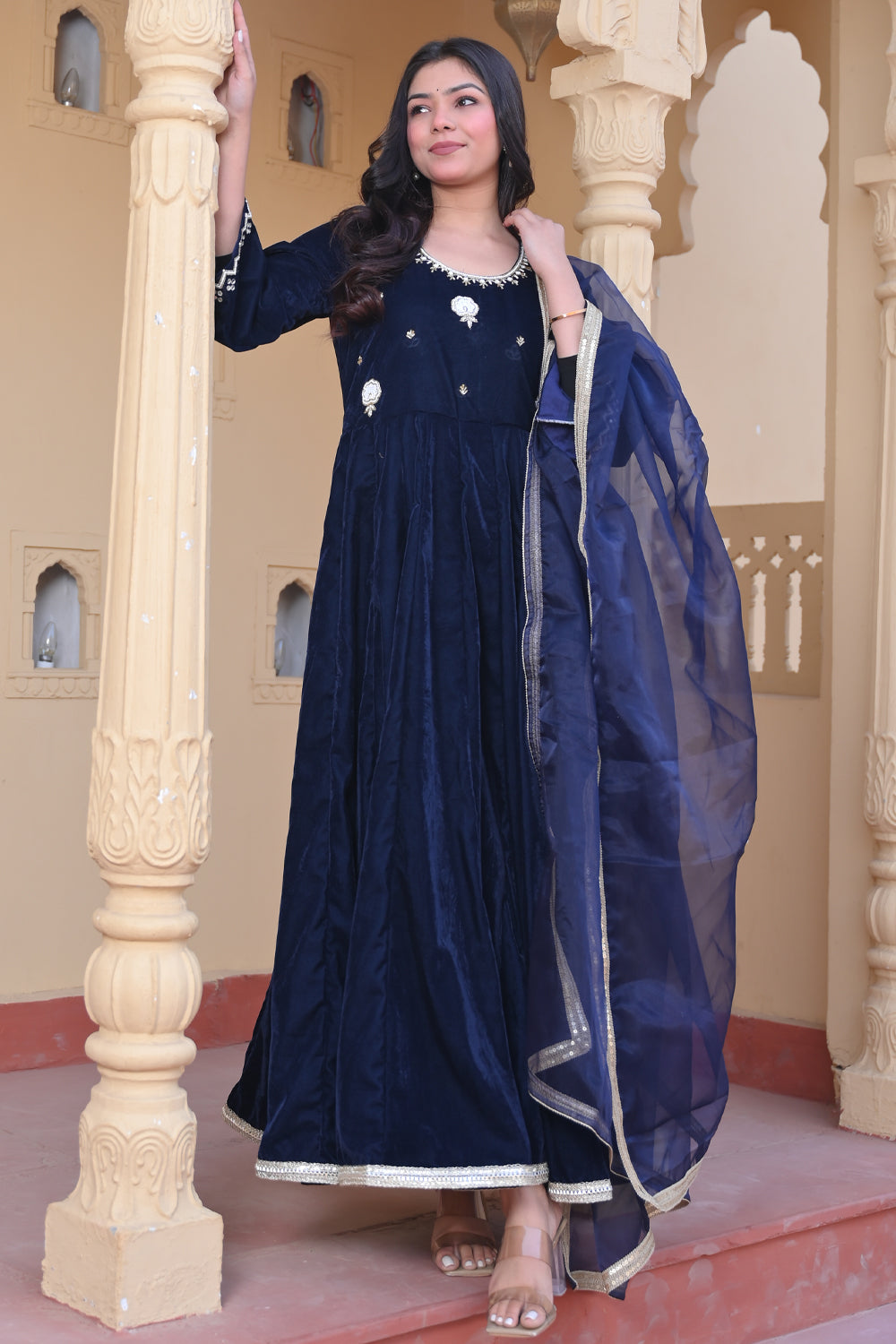 Midnight blue Nargis Velvet anarkali Set with Lace detailing border, 3 PIece Set | Made To Order