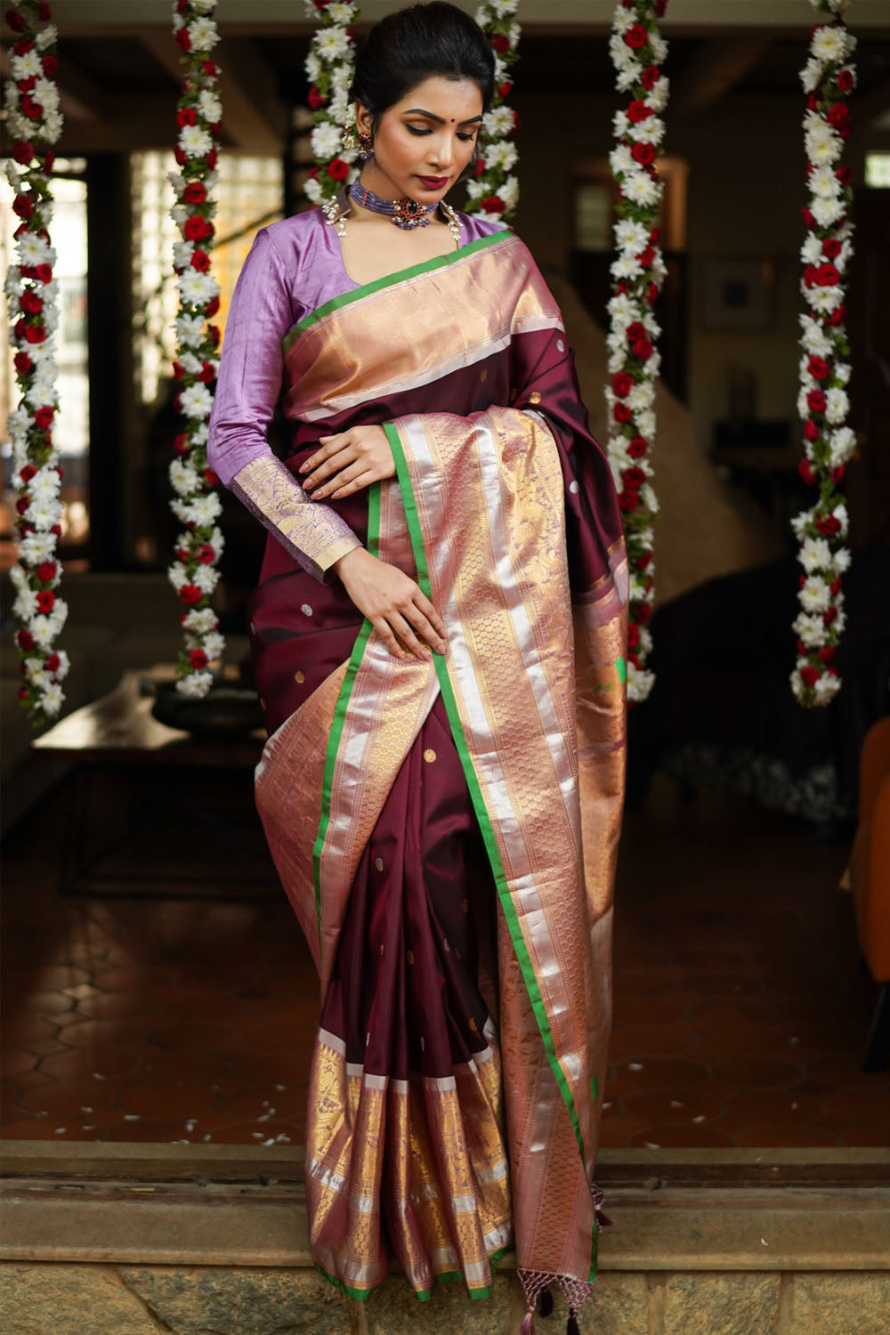 Maroon Pure Gadwal Silk Saree with Wide Golden Zari ' 11.2 Borders and Meenakari Pallu | SILK MARK CERTIFIED