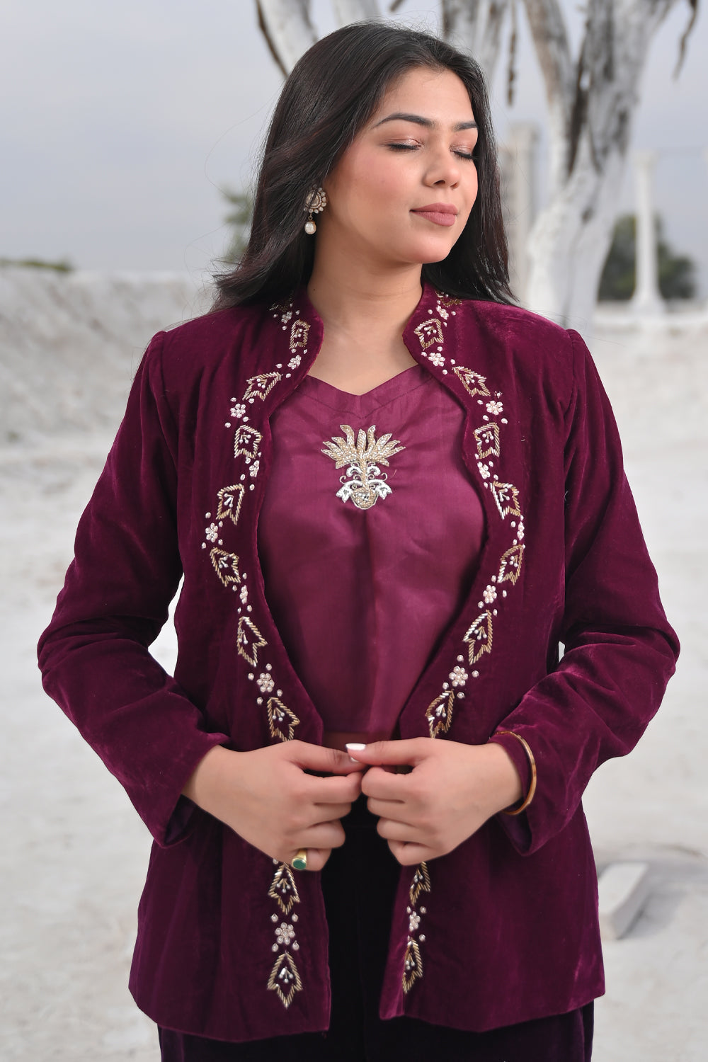 Unique Scarlet Wine Velvet Blazer with handcrafted embellishments, Made to Order. Perfect for Any Occasion!